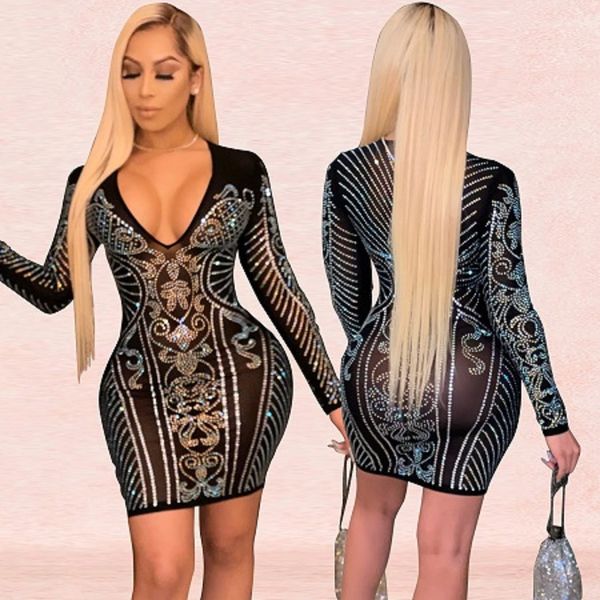 

fashion tight skirts womens v-neck drilling nightclub dress 2020 trendy bodycon dresses youth style, White;black