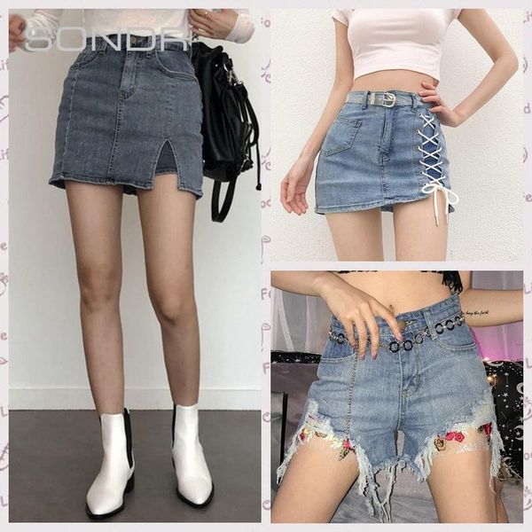 

popular women's 2020 summer new street fashion stitching street series jeans skirt shorts button high softener female1, Blue