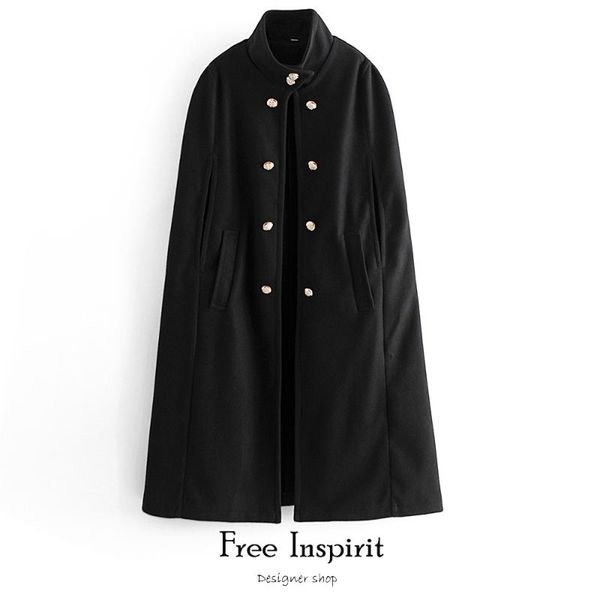 

inspirit winter new arrival vintage style solid women's long coat double breasted stand collar loose cloak thick overcoat, Black