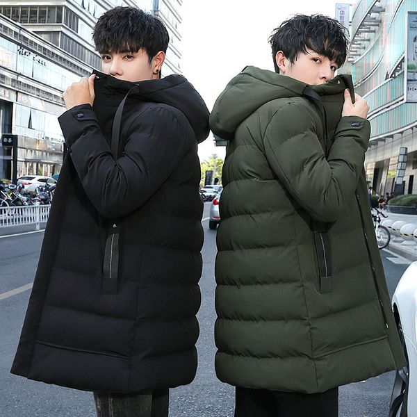 

mid long winter thick coat new korean hooded handsome student down cotton padded men's, Black