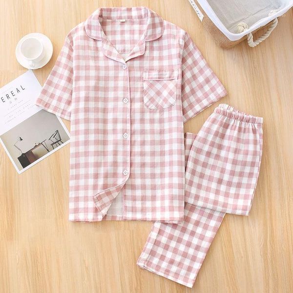 

2020 spring summer new men&women pajamas cotton couple short sleeve shirt&pants sleepwear casual plaid sleepwear home clothes1, Black;brown