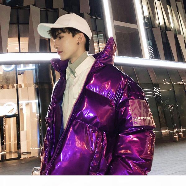 

januarysnow new winter collar loose bright leather fabric jacket wind thick warm coat men women couple purple cotton clothing, Black