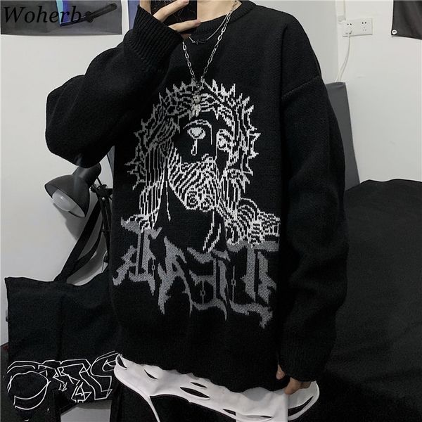 

woherb harajuku sweater women man punk streetwear jacquard print knitted pullover korean fashion pull jumper autumn 201130, White;black