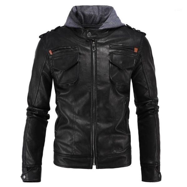 

motorcycle biker leather jacket men slim fit fashion dropshipping new vintage clothes male zippers hooded coat1, Black