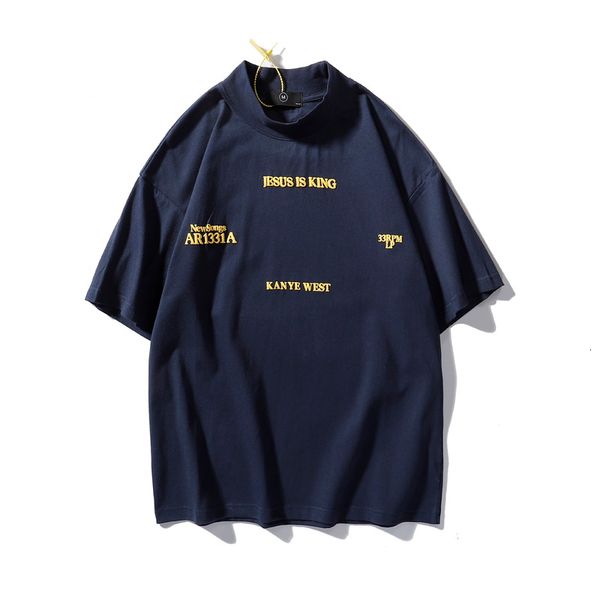 

2021 new kanye west high street oversize casual t-shirt mens turtleneck letter foam short sleeve t shirt hip hop harajuku loose tees gopn, White;black
