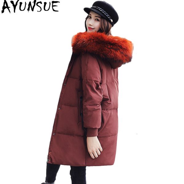 

ayunsue 2020 new big fur collar grey duck down jacket women's long puffy jackets winter womens korean coat parka sobretudo kj455, Black