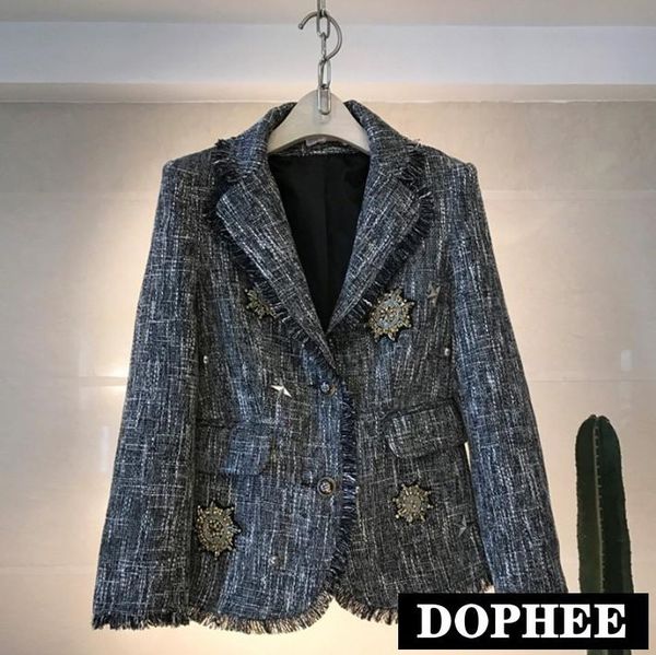 

new fashion autumn winter women's pentagram beads tweed blazers suit coat retro lady's medal decoration wool jacket outfits, White;black