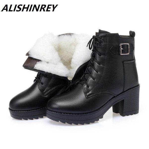 

alishinre женщины boots обувь 2020 зима из натуральной кожи нового вскользь женщины мотоциклы сапоги мода шерсть теплой, Black