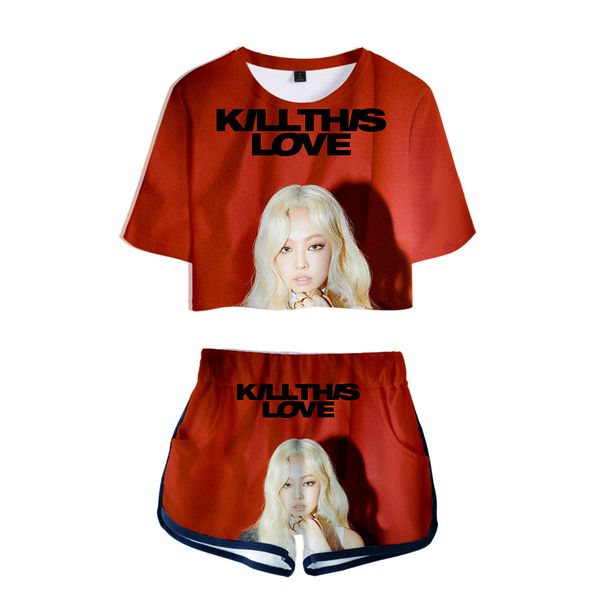 

frdun 2019 hip hop 3d print blackpink t-shirt women shorts popular 2 piece crop fashion + shorts korean ing, White