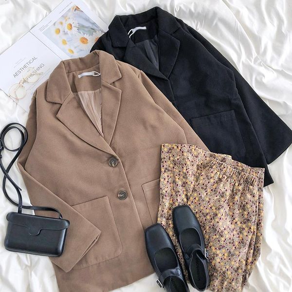 

vintage chic thicken blazer women 2020 autumn winter long sleeve pockets korean style streetwear female casual coats, White;black