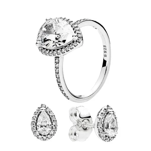 Mulheres 925 Sterling Silver Anéis de Casamento Cúbico Zircônia Diamantes para Pandora Teardrop Anel e Brinco Conjuntos De Noivado Presente Senhoras com Caixa