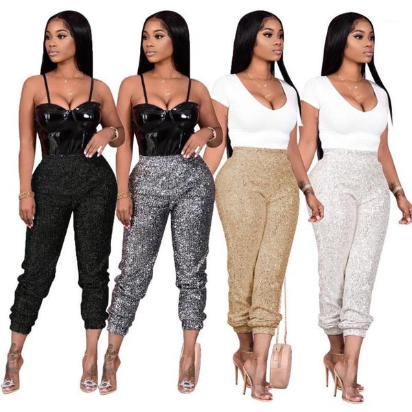 

autumn winter women pencil pants leggings high waist bottom trousers sequnined jogger pants night club sweatpants1, Black;white