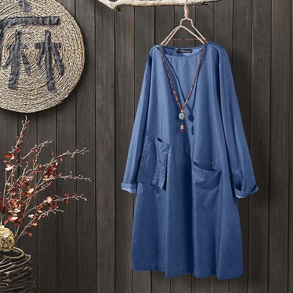 

zanzea women long sleeve dress spring o neck vintage denim shirt vestido plus size sundress casual solid midi dresses robe femme, Black;gray