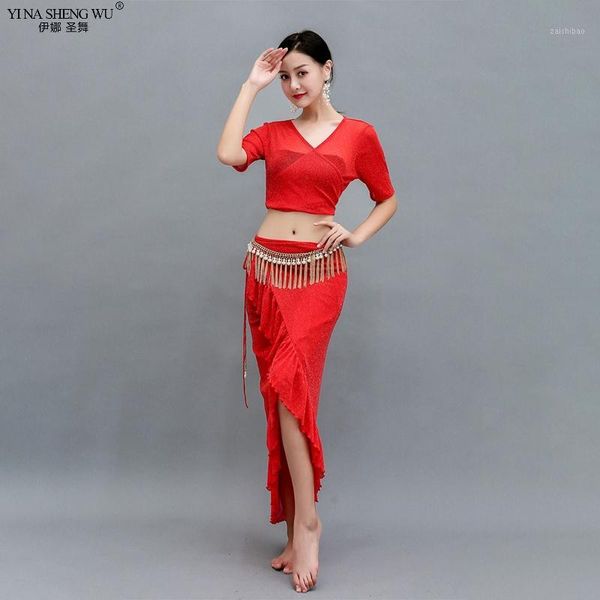 

practice clothes women belly dance short sleeve long skirt v-neck 2 piece costume bellydance stage performance 2 colors new1, Black;red