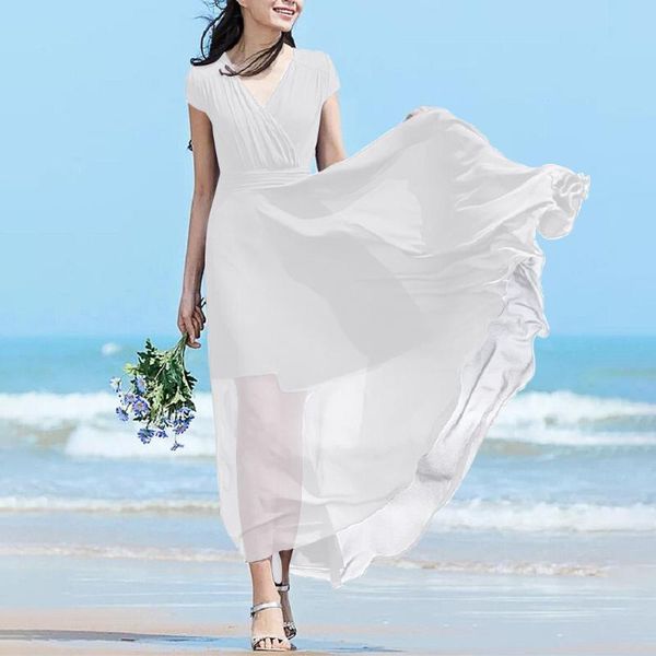 

women's swimwear spring summer women fashion casual solid v-neck asymmetric hem short sleeve chiffon long dress vestidos sukienki, White;black