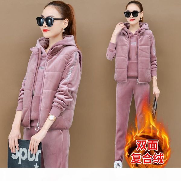 

velvet 3 2 piece set tracksuits for women vest hoodies pant suits outfits plus big size warm thick winter clothing, White