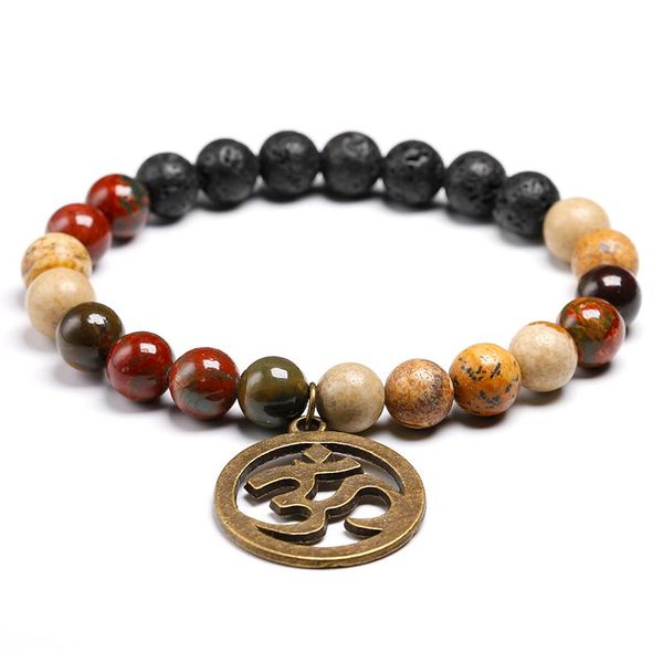 

natural picasso jaspe-r with picture stone beads bracelet lava om charm buddha bangle women men jewelry gift, Black