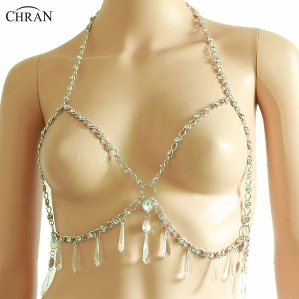 

chran festival jewelry holographic chain bra crystal sequin halter necklace burning man body chain t200508, Silver