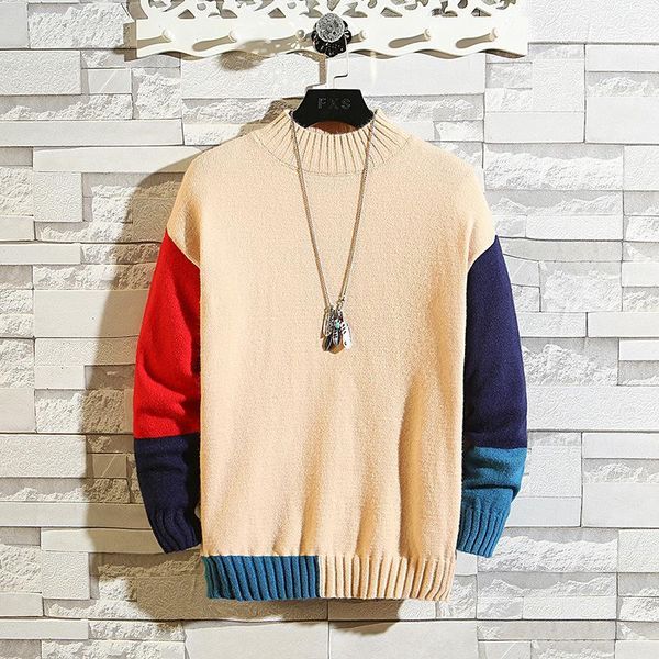 

2020 autumn new men's round neck loose xl spell color sweater teen fashion casual sweater stitching1, White;black