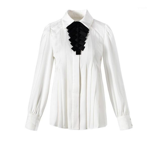 

pleating lapel long sleeve shirt female shirt bow tie can dismantling1, White;black