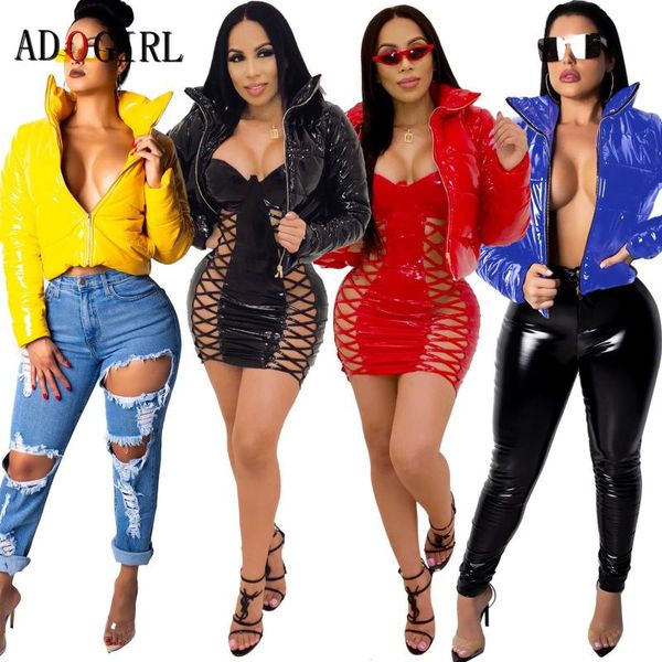 

adogirl womens winter thick warm short parkas winter pu leather jacket stand collar solid down coat female plus size overcoats, Black