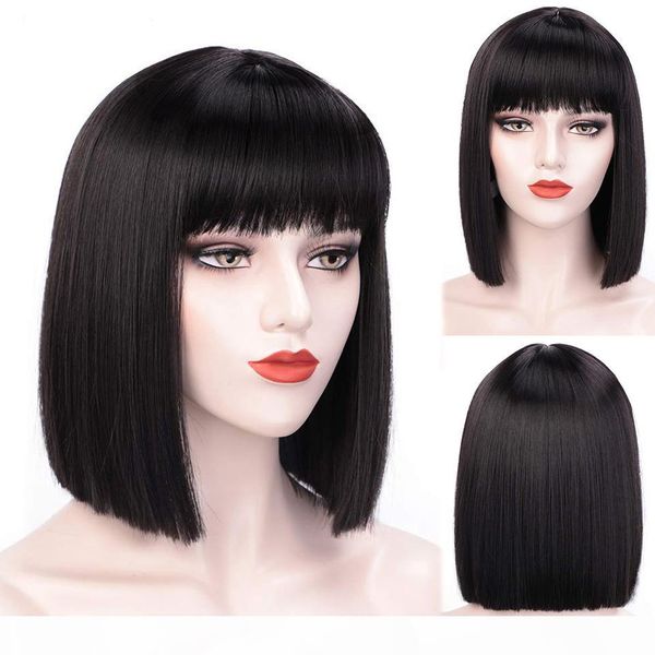 

100% unprocessed human hair straight bob wig with bangs for black women brazilian full machine wigs can be permed & dye blanched quality, Black;brown