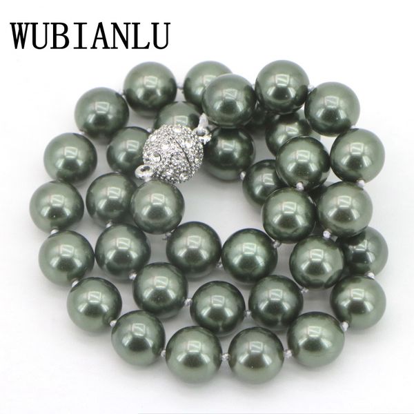 

wubianlu new 12mm army green south shell pearl round beads choker necklace magnet clasp choker necklaces womens costume jewelry 0927, Silver