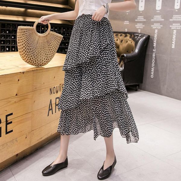 

cynthia summer women chiffon skirts female vintage floral long ruffled irregular asymmetrical ruffles mid-calf skirts1, Black