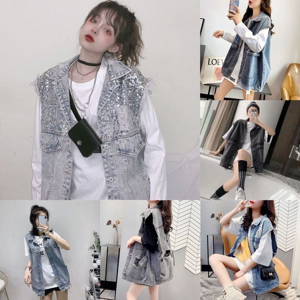 

6w0tz пришивание отверстия мода vestloose жилета bf рукавов летом джинсовых женщин жилета 2020 новой корейской блестки куртки inykj, White;black