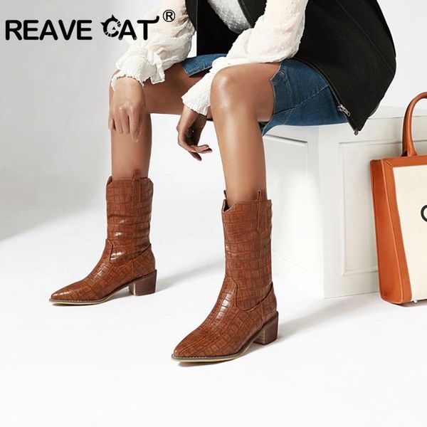 

reave cat fashion casual mid-calf boots for women pointed toe block heels slip-on plaid waterproof big size 40-46 black brown