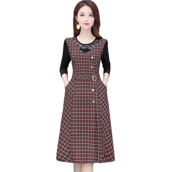 

2021 new autumn winter women's dresses new plaid stitching fake two-piece mid long elegant plus size 5xl ladies office dress g4kz, Black;gray
