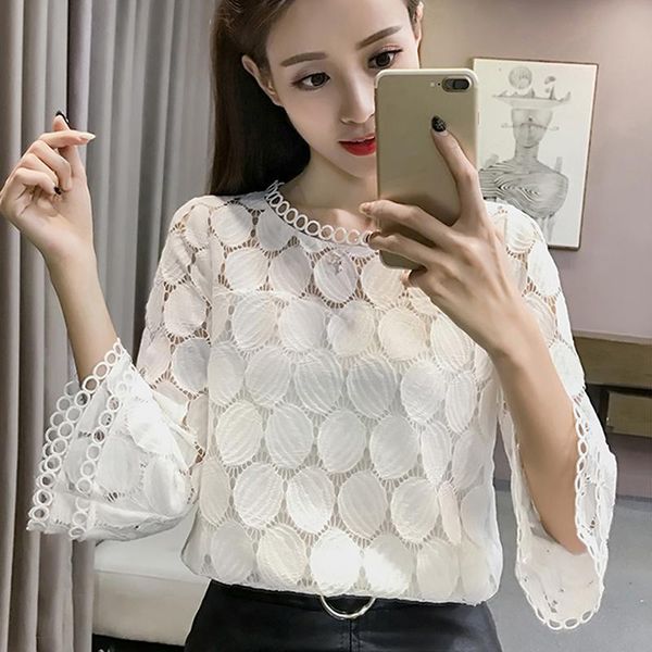 

2021 summer blusas mujer de moda lace women shirt fashion o-neck flare sleeve openwork lace blouse bottoming casual shirts, White