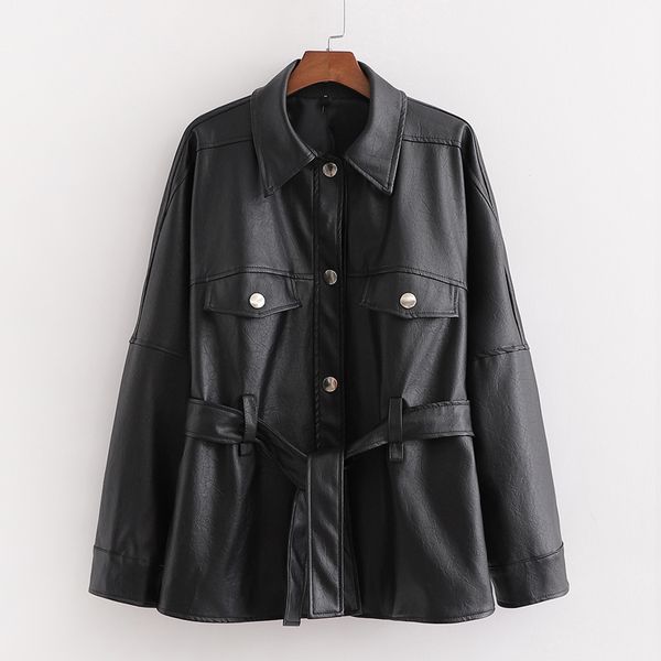 

2021 new stylish 3 colors pockets pu leather jacket women fashion casual turn-down collar jackets elegant ladies tie belt waist coat 30kf, Black