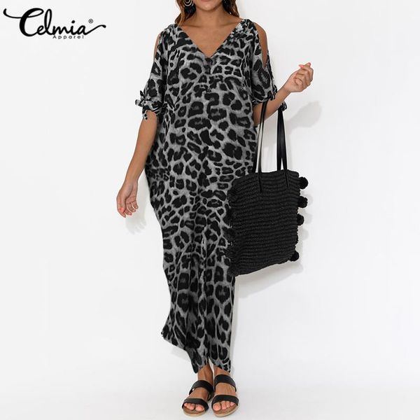 

bohemian плюс размер sundress celmia женщин сексуальный leopard печати длинное платье с коротким рукавом повседневная сыпучие maxi платье па, White;black