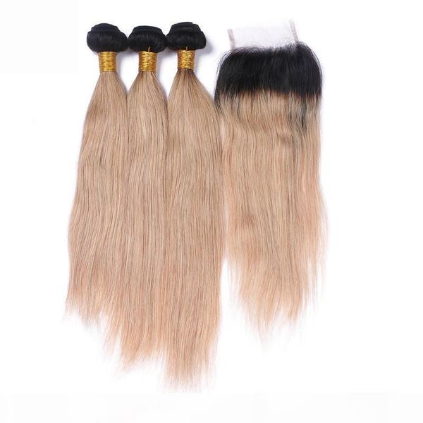 

brazilian straight honey blonde ombre human hair weaves with lace closure #1b 27 ombre 2tone 3bundles with 4x4 front lace closure 4pcs lot, Black;brown