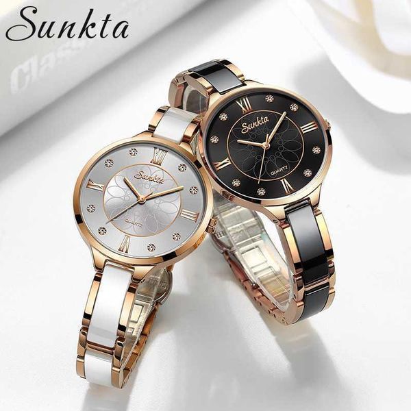 

sunkta gift crystal watch women waterproof rose gold ceramic strap ladies wrist watches brand clock1, Slivery;brown