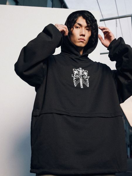 

men skeleton & slogan graphic drop shoulder hoodie k3ge#, Black