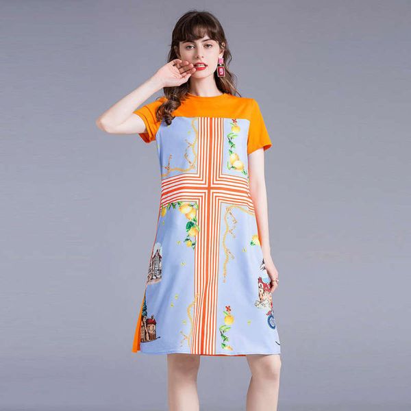 

2020 new large women's fashion summer loose dress round neck short sleeve printed skirt, Black;gray