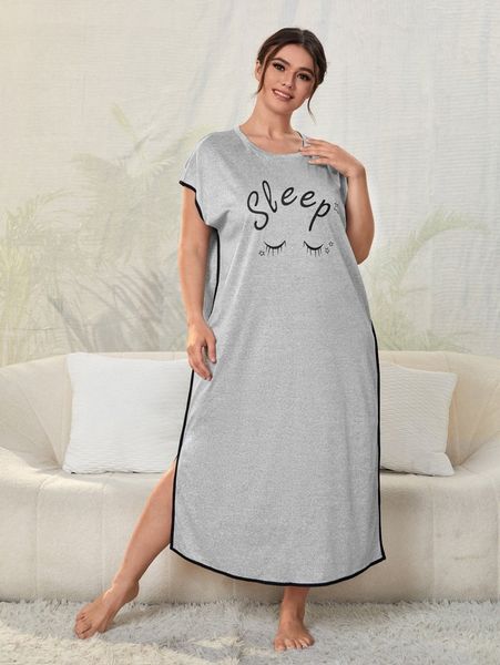 

plus eyelash & letter graphic dolman sleeve slit hem nightdress o5bo#, Black;white