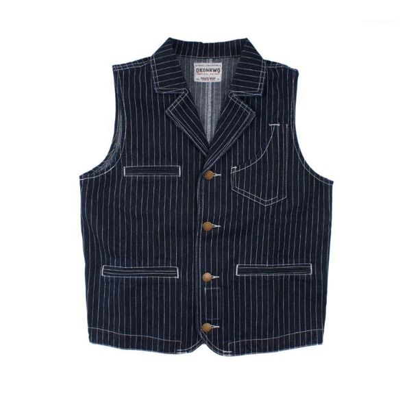

men's vests 2021 autumn winter vintage denim stripe vest men cargo slim waistcoat turn-down collar multi pocket suit mens clothing1, Black;white