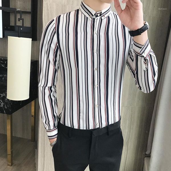 

autumn stripe shirt men fashion 2021 long sleeve british style slim fit male casual social night club work shirt1, White;black