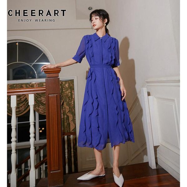 

casual dresses cheerart ruffle purple chiffon long midi dress women summer 2021 short sleeve lace up button korean designer shirt, Black;gray