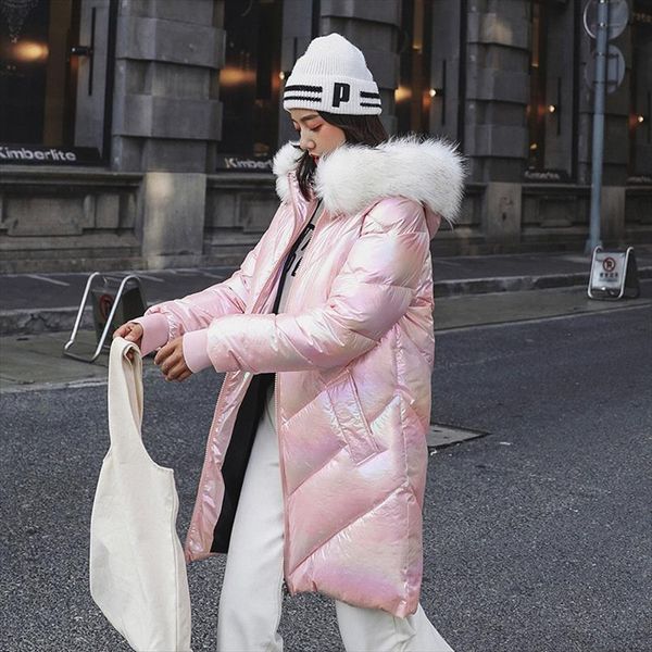 

fashion gradient color women winter jacket cotton padded warm thicken fur collar ladies long coats parka womens jackets, Black