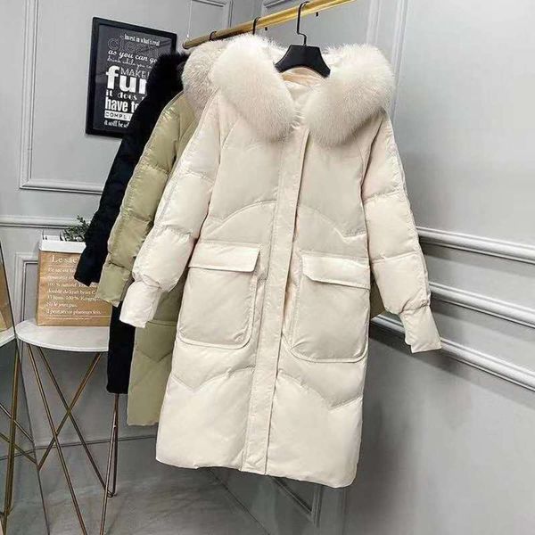 

2020 new korean mid ultra long pocket over knee down jacket women's big hairy collar foreign style parka coats for women, Black