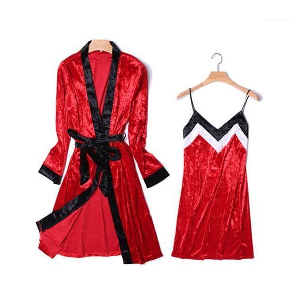 

nighgown set women velvet 2 piece 2020 autumn winter vintage retro sleep robe long lounge sleepwear home night wear nightie1, Black;red