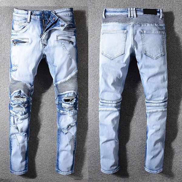 

mens distressed jeans fashion mens jeans slim motorcycle moto biker causal mens denim pants hip hop men pants, Blue