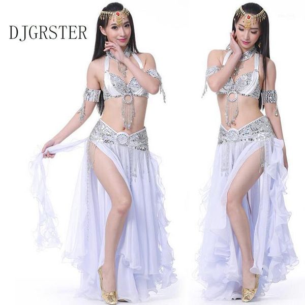 

djgrster 2018 belly dancing clothing oriental 3pcs suit bra, belt,long skirt chiffon belly dance costume set performance1, Black;red