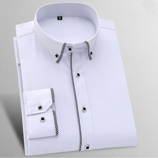 

new arrival plaid rim button down collar long sleeve slim fit easy care good quality solid formal business men dress shirts1, White;black
