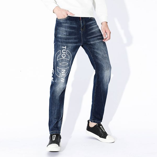 

2021 new men's jeans printed thin pants embroidered hip gwix, Blue