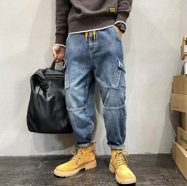 

men's jeans 2021 streetwear men loose fit retro spliced designer cargo pants hip hop plus size 6xl denim trousers w15451, Blue